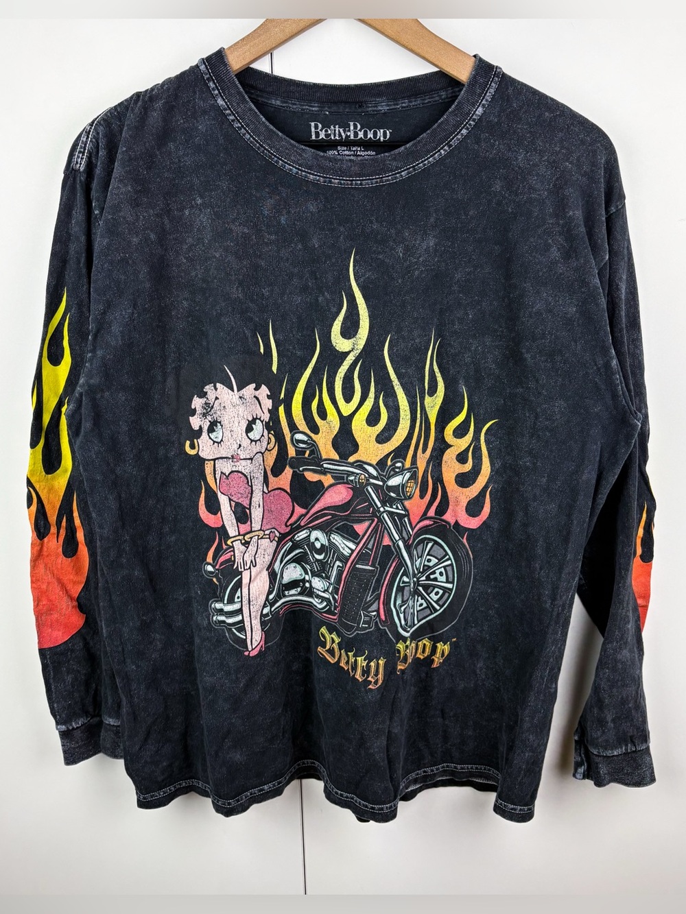 Betty Boop Motorcycle Flames Long Sleeve Tee Shirt Biker Hot Rod Grunge Punk